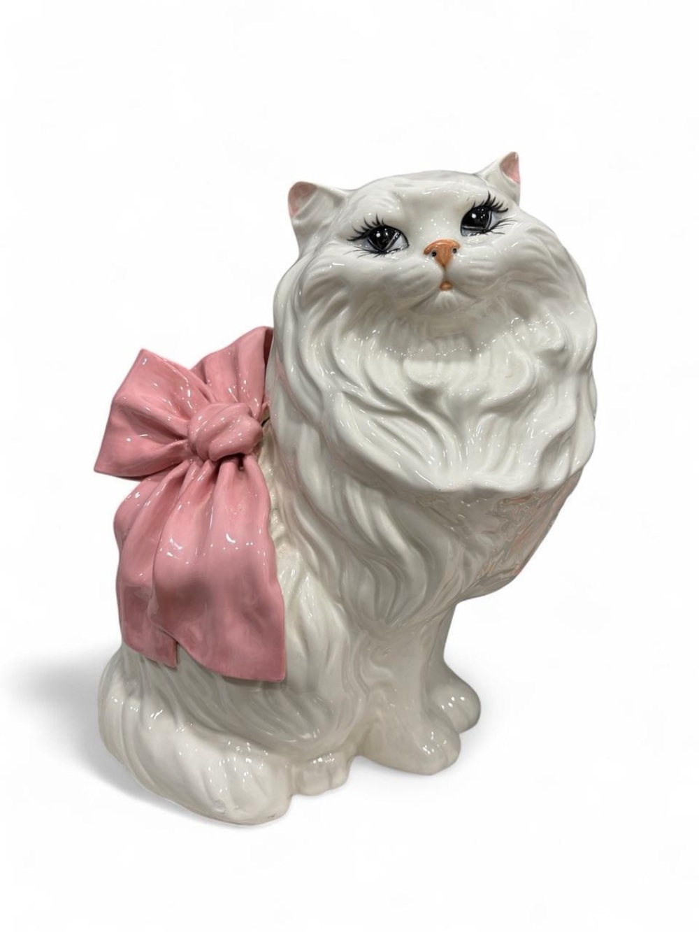 Vintage Ceramic White Persian Cat Statue Pink Bow Figurine 1980s 15" Flaws